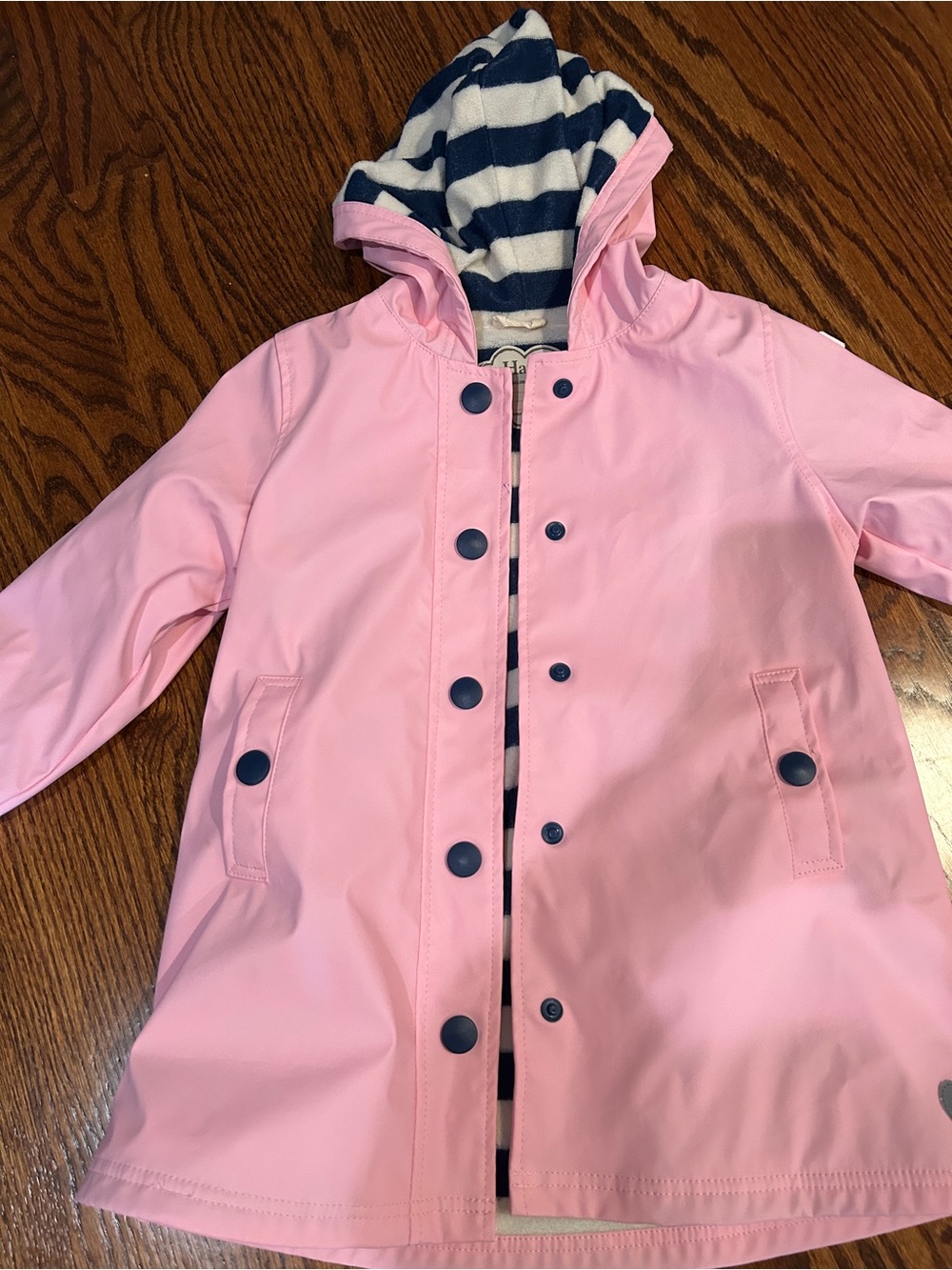 Hatley Pink Raincoat with Navy Striped Hood